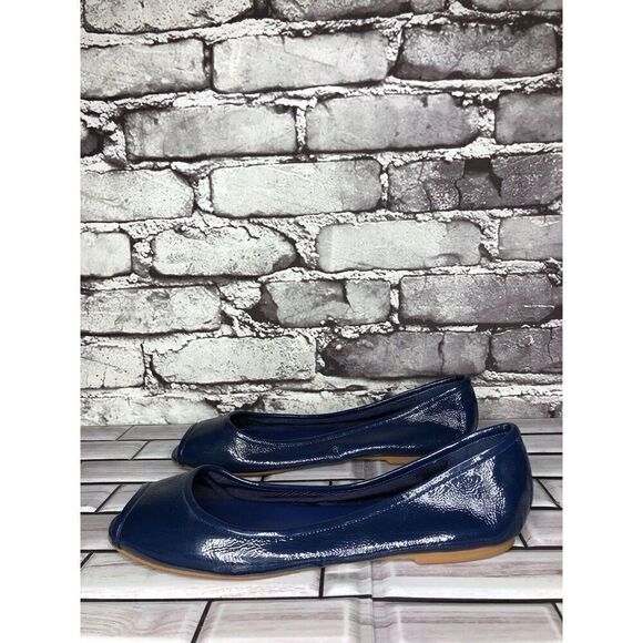 Delman Blue Patent Leather Casual Wedge Peep Toe Sandals Women’s Sz 5M US/35.5EU - Picture 1 of 16